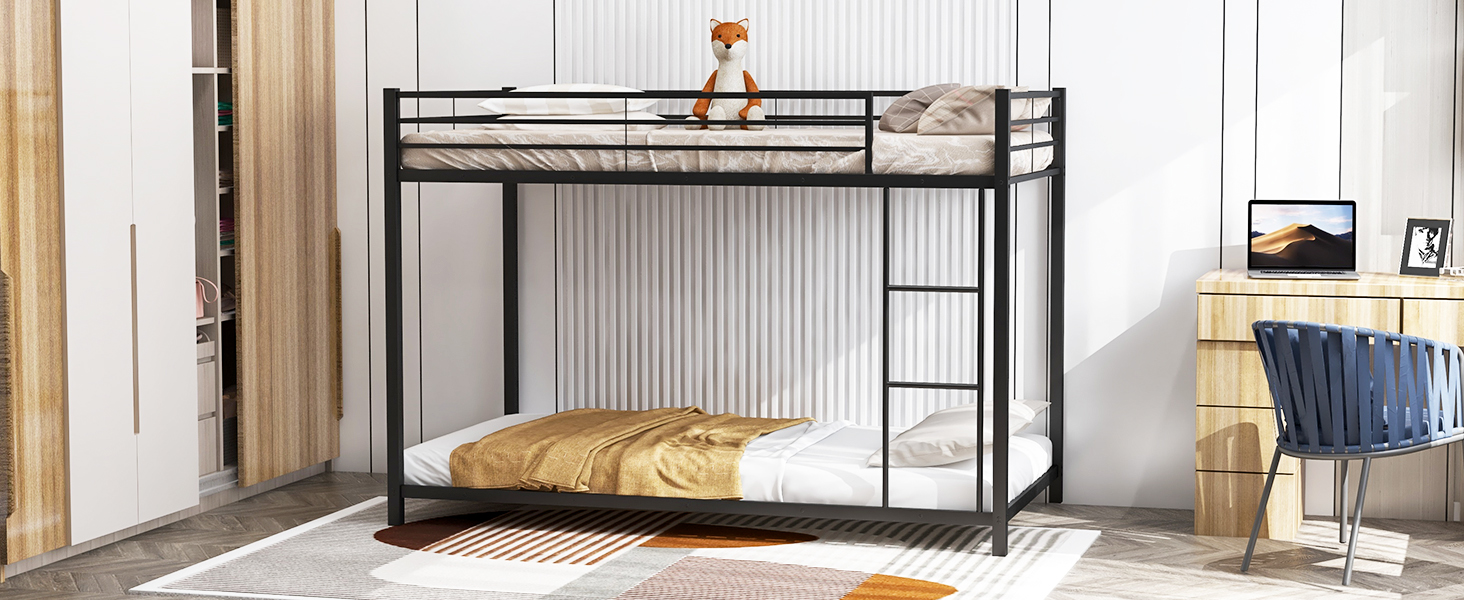 Low Profile Twin Over Twin Metal Bunk Bed with Full-length Guardrails